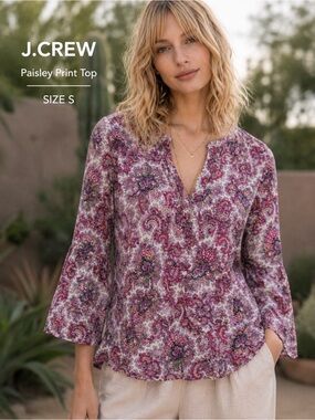 J.Crew Paisley Floral Boho Blouse Size S Bell Sleeve Lightweight Top